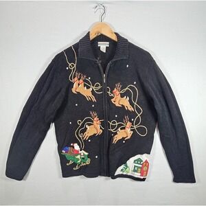 Ugly Sweater CHRISTMAS Reindeer Investments  Vintage‎ Zip Up Women Size LARGE P9